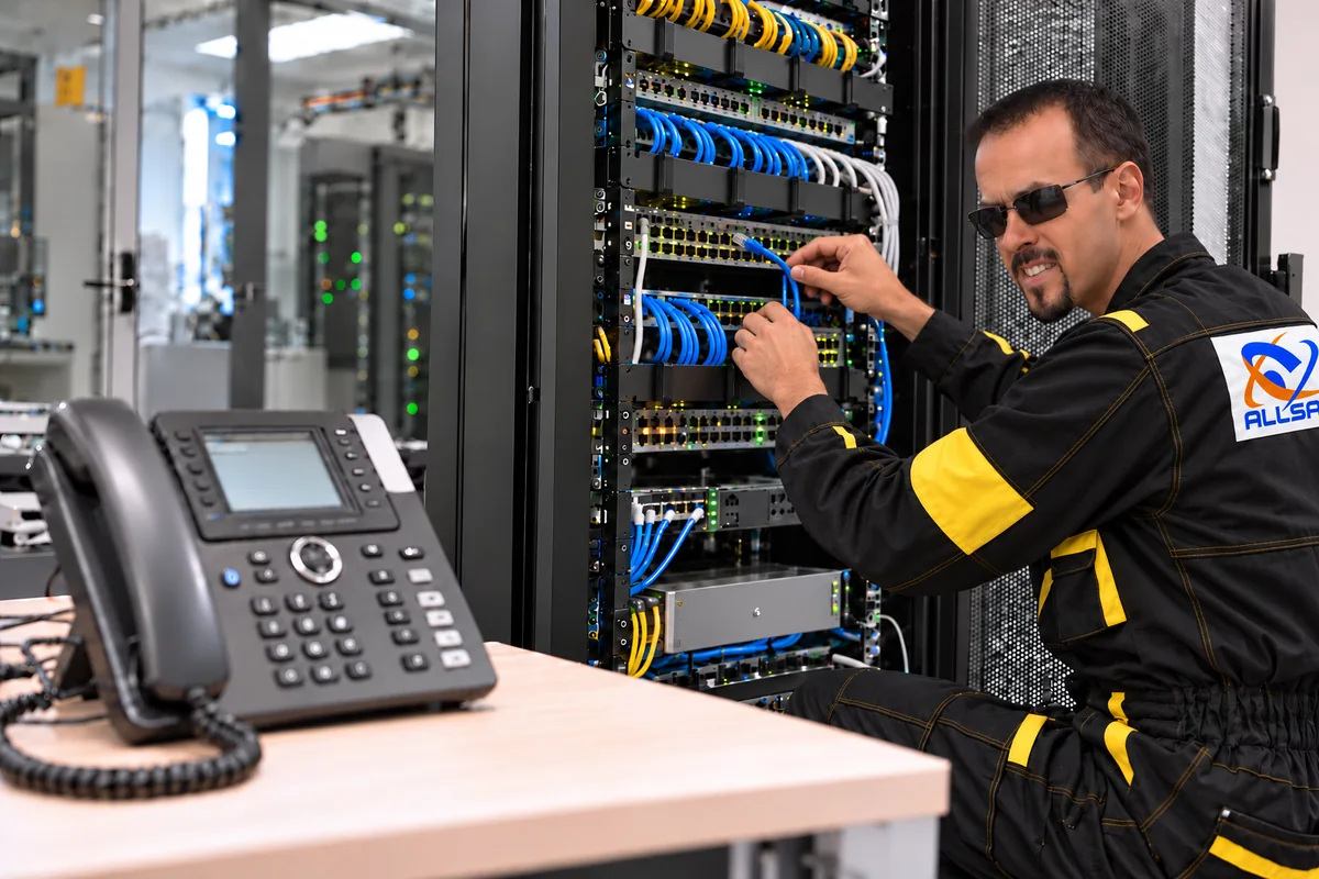 Technicien brassant des câbles réseau dans une baie, téléphone IP au premier plan