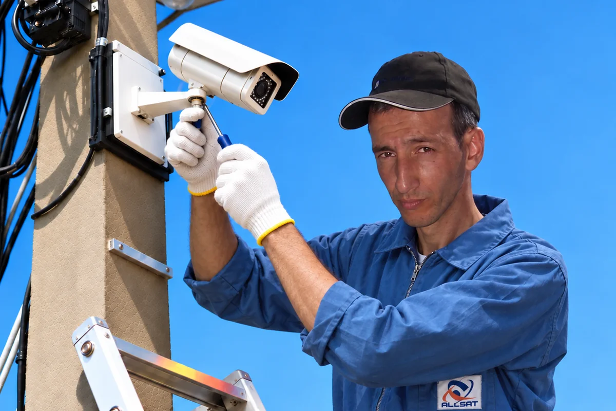 Technicien ALLSAT sur une échelle réglant une caméra sur un poteau